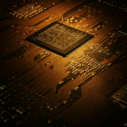 Sovereign hardware circuit board with golden circuits and black stone base