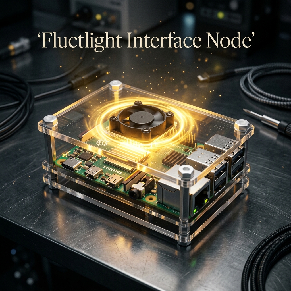 Cinematic photo of a Raspberry Pi AI Node glowing with aetheric power