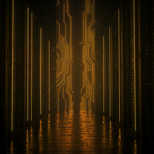 Atmospheric server farm with golden neon circuitry flowing through black stone pillars in a dark cavernous room
